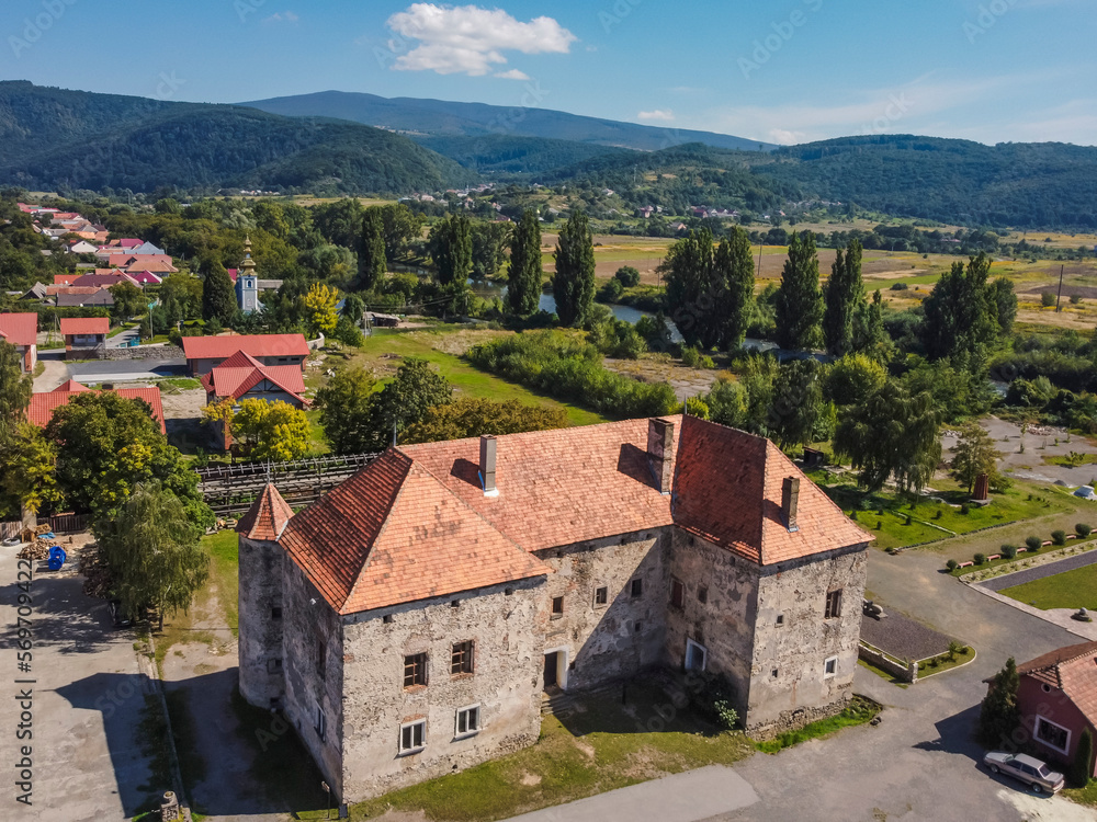 Aerial vIew by drone. Summer. Castle of Saint Miklos, Zakarpattia Ukraine Castles 
