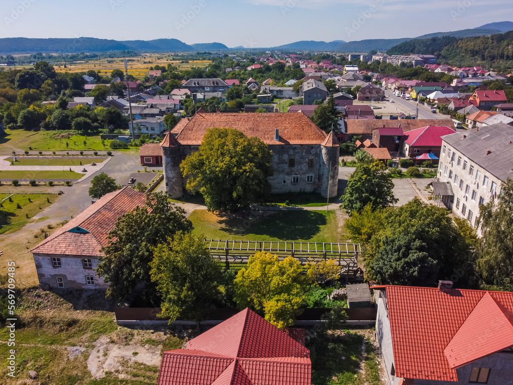 Aerial vIew by drone. Summer. Castle of Saint Miklos, Zakarpattia Ukraine Castles 