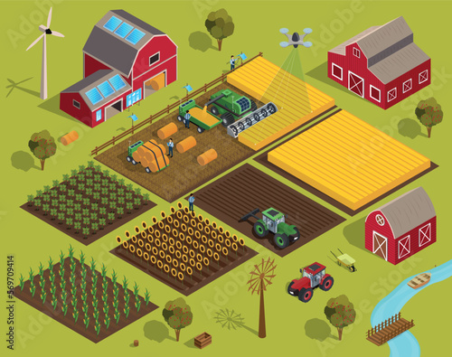 Big farm concept. Tractor in fields collects wheat, vegetable garden, paddock. Rural farming, village and countryside, agriculture. Poster or banner for website. Isometric vector illustration