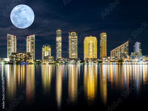 Photography Full Moon Rise North Miami Beach, Sunny Isles Skyline at Night