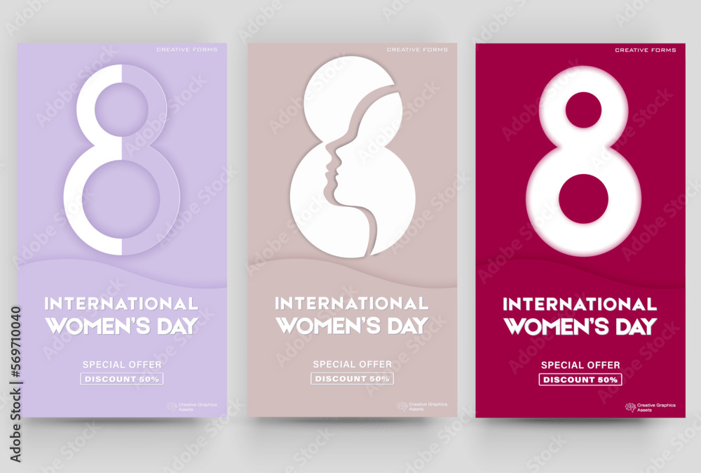 Fototapeta premium International Women's Day banner. 8 March. Editable post template set for banner sale, presentation, invitation, stories, streaming.