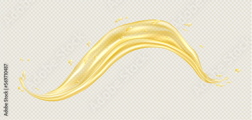 Oil splash, realistic orange or lemon juice wave, yellow liquid swirl with drops. Food advertisement with olive or sunflower oil concept. Vector illustration.