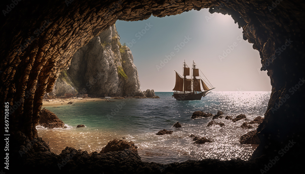 View from the cave entrance, a detailed caravel in the sea. Waves hitting the rocks inside the cave. Atmospheric effect.
