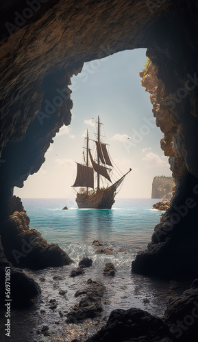 View from the cave entrance, a detailed caravel in the sea. Waves hitting the rocks inside the cave. Atmospheric effect.