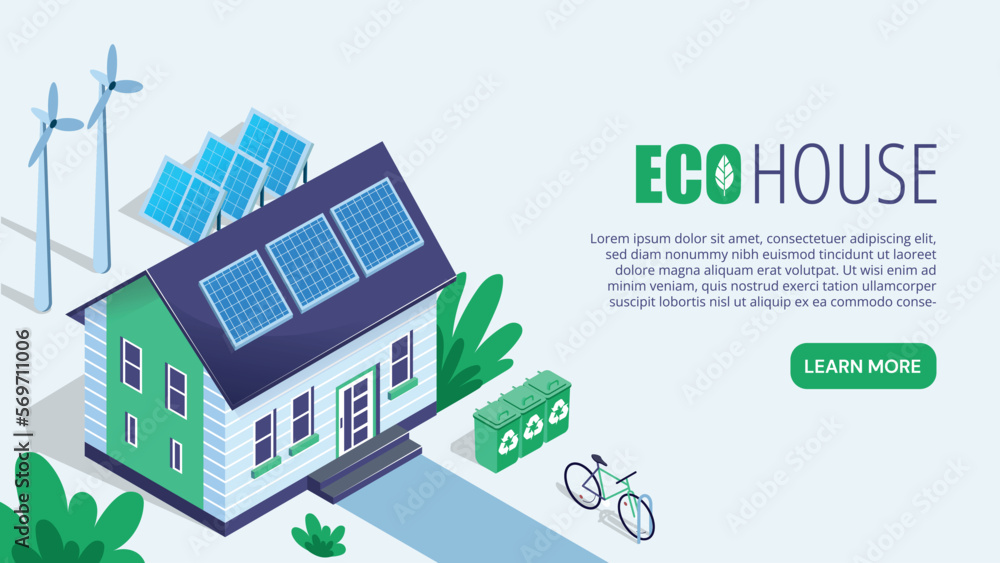 Eco house concept. Building with windmills and solar panels, alternative energy sources. Waste recycling and reuse, reduction of hazardous waste in atmosphere. Cartoon isometric vector illustration