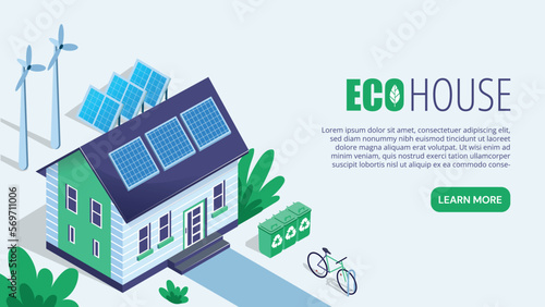 Eco house concept. Building with windmills and solar panels, alternative energy sources. Waste recycling and reuse, reduction of hazardous waste in atmosphere. Cartoon isometric vector illustration