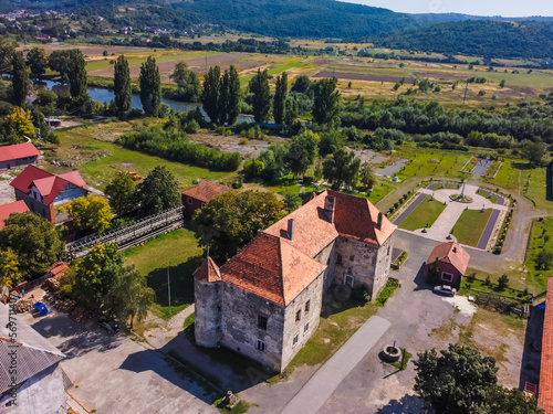 Aerial vIew by drone. Summer. Castle of Saint Miklos, Zakarpattia Ukraine Castles  photo