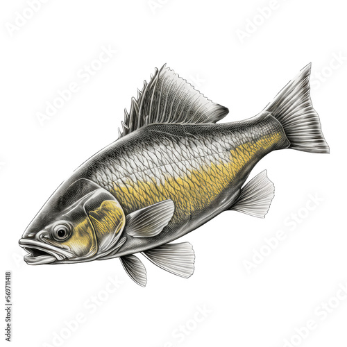 Golden Dorado Illustration, Fish, 3d render illustration in realistic style, Whole fish on transparent background. Generative AI.