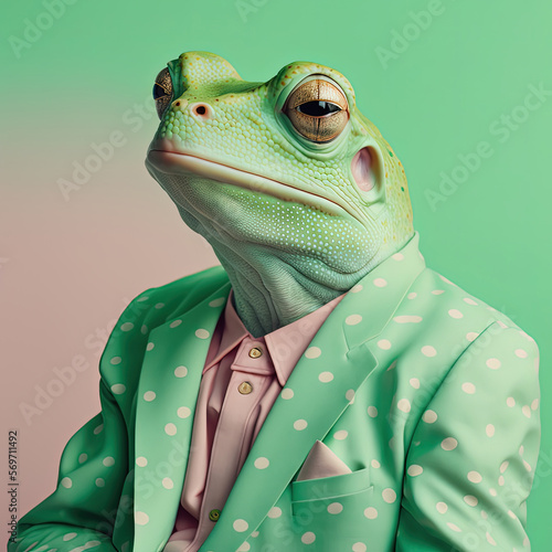 Fashion frog in polka dot suit. Green monochrome portrait. Generative