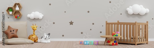 Baby kid room wall decoration, doll and toy, nursery children room, Template Horizontal Banner header for Website, 3D rendering.