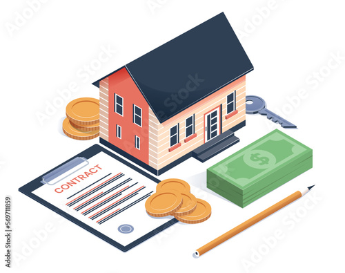 House investment concept. Building with gold coins and banknotes. Contract with money, financial literacy and passive income. Investment and trading, economics. Cartoon isometric vector illustration