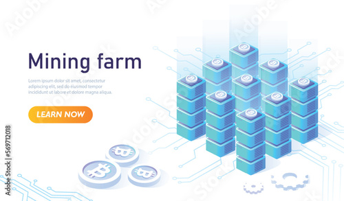 Mining farm concept. Mining cryptocurrency, bitcoin and litecoin. Financial literacy and passive income. Modern technologies and innovations. Poster or banner. Cartoon isometric vector illustration