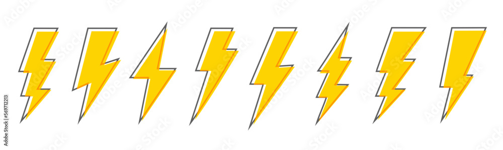 Lightning icons vector set. Thunder flash icon. Lightning bolt yellow silhouette with black frame in cartoon style Lightning icons vector set. Thunder flash icon. Lightning bolt yellow silhouette with black frame in cartoon style
