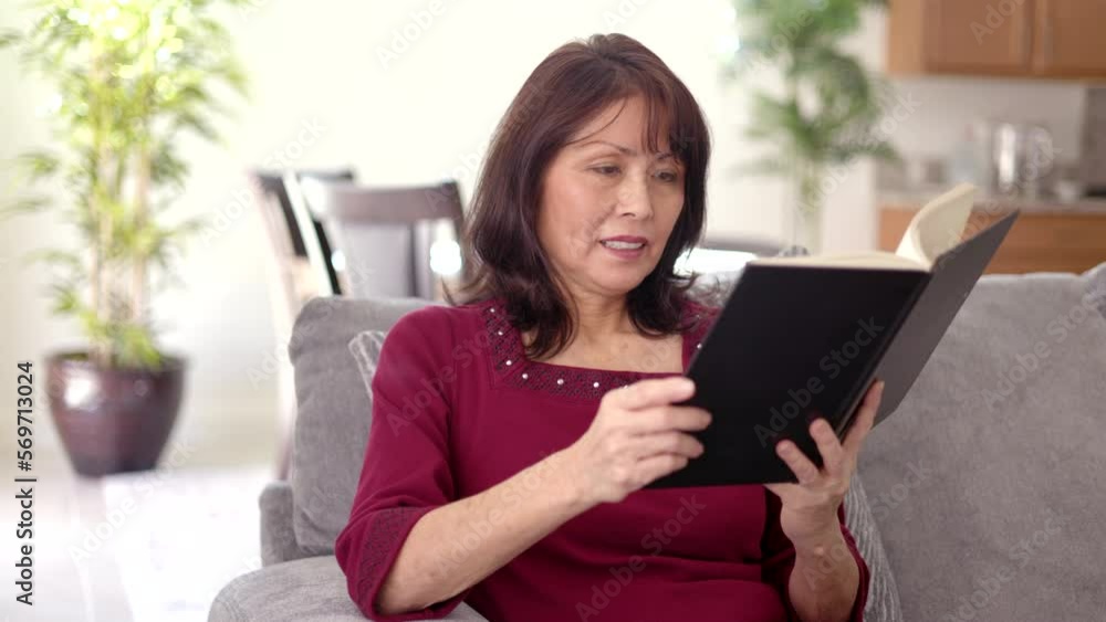 Beautiful middle age woman relaxing reading book sitting on comfortable couch in peaceful leisure home living room Beautiful middle age woman relaxing reading book sitting on comfortable couch in peaceful leisure home living room