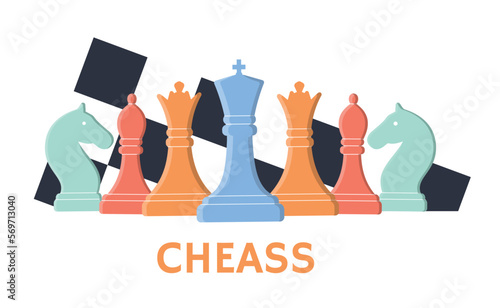 Chess color banner. Collection of pieces, rook, knight, queen and king. Intellectual game of logic, competition and tournament. Planning and strategizing metaphor. Cartoon flat vector illustration