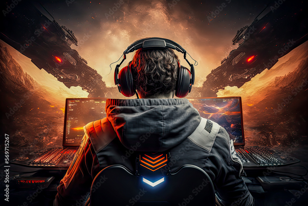 Professional eSports gamer in front of pc playing games. Ai generated ...