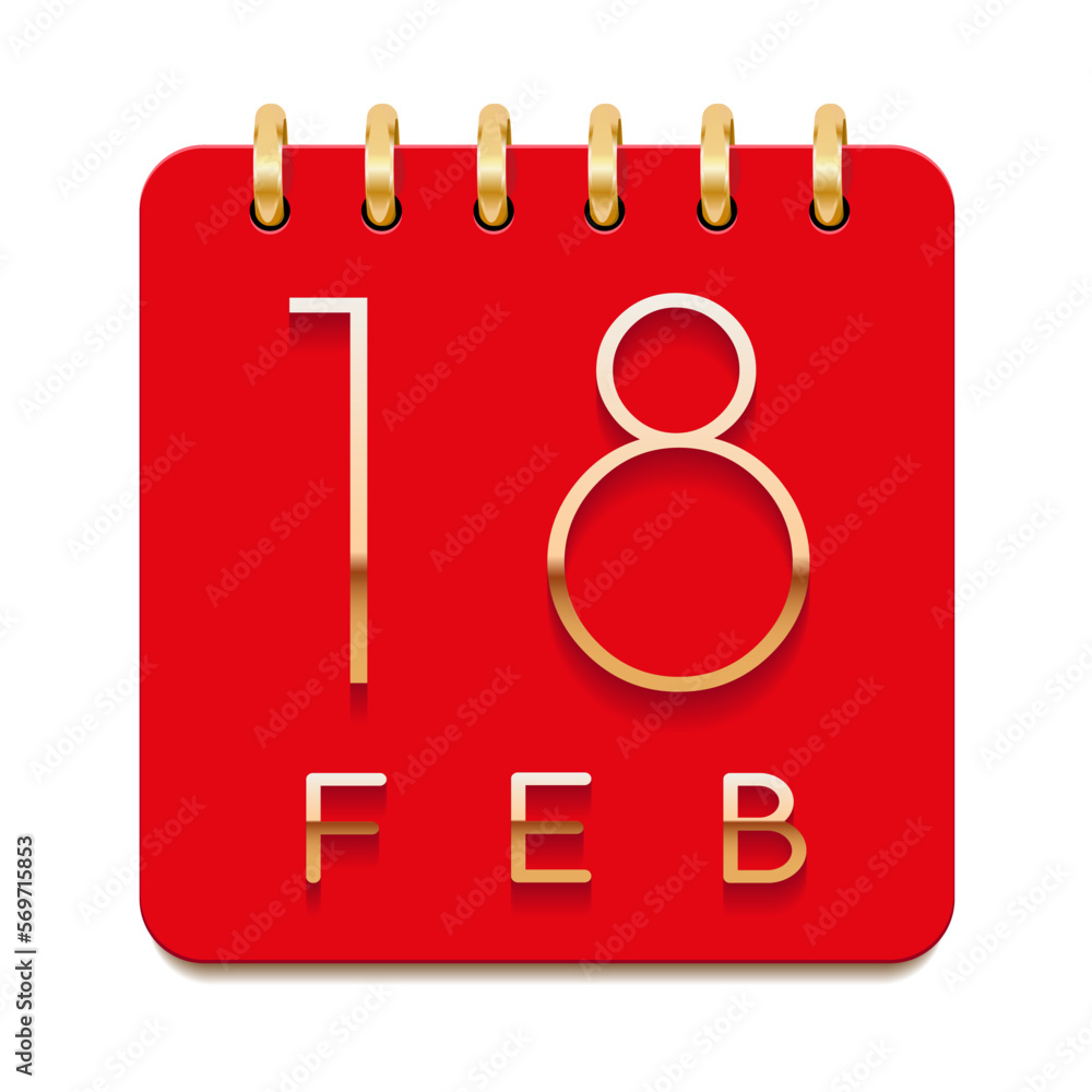 18 day of the month. February. Luxury calendar daily icon. Date day week Sunday, Monday, Tuesday, Wednesday, Thursday, Friday, Saturday. Gold text. Red paper. Vector illustration. 18 day of the month. February. Luxury calendar daily icon. Date day week Sunday, Monday, Tuesday, Wednesday, Thursday, Friday, Saturday. Gold text. Red paper. Vector illustration.