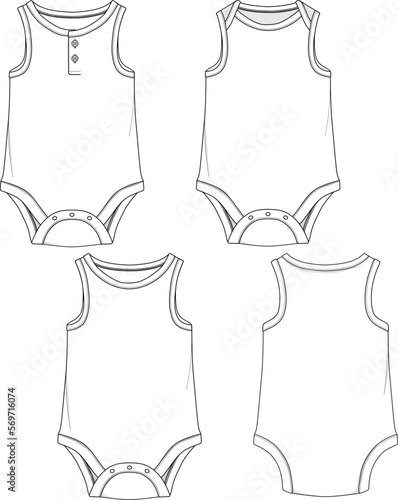 Infant Baby Toddler Sleeveless Tank Bodysuit Mockup Sketch Template Technical CAD Illustration