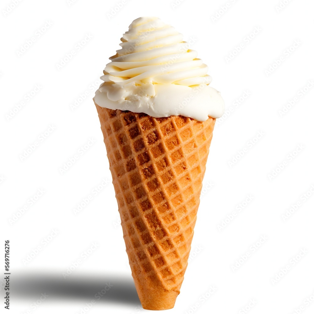 Delicious White Ice Cream Cone on White Background Created with Generative AI and Other Techniques Delicious White Ice Cream Cone on White Background Created with Generative AI and Other Techniques