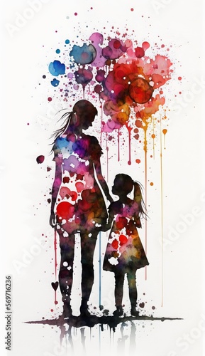 Watercolor illustration of mother and daughter or son surrounded by hearts. White background. AI generated. Mothers day Concept. 