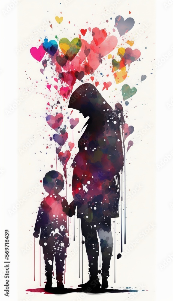 Obraz premium Watercolor illustration of mother and daughter or son surrounded by hearts. White background. AI generated. Mothers day Concept. 