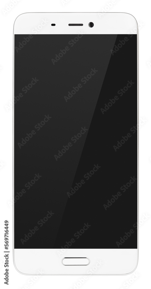 Front view of modern white smartphone with empty black screen isolated on transparent background