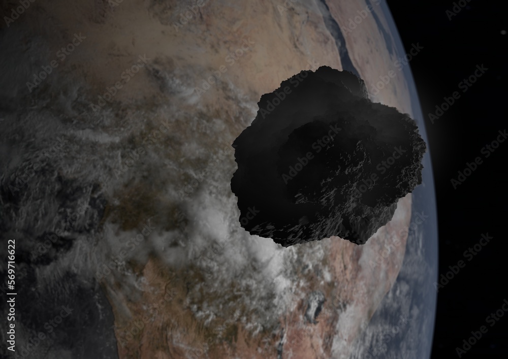 Earth and big asteroid in space. Potentially dangerous asteroids