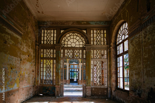 Abandoned ruined interior of railway station in Tskaltubo, Georgia