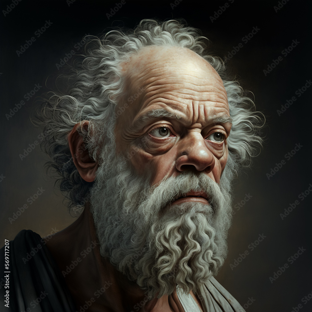 Portrait illustration of old man with long white beard depicting the ancient Greek philosopher Socrates, created with Generative AI technology
