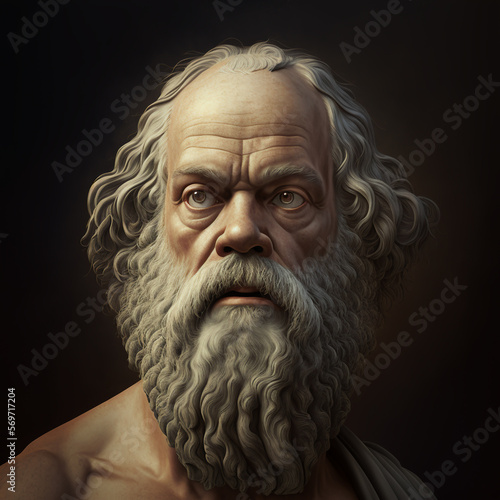 Portrait illustration of old man with long white beard depicting the ancient Greek 
philosopher Socrates, created with Generative AI technology
 photo