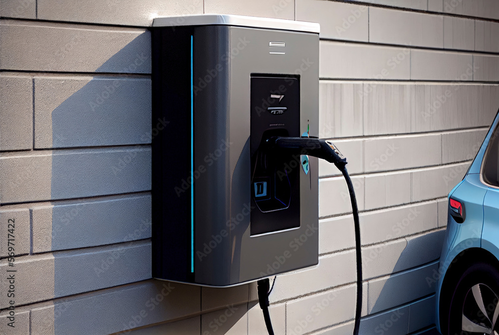 EV- Electric vehicle charging station in the underground parking of a ...
