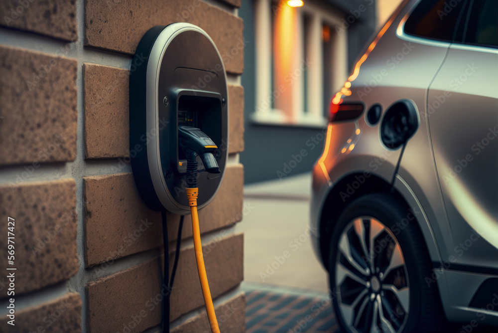 EV charging in home, with the electric vehicle parked in front of the private home while recharging the battery, green energy. Illustration. Generative AI EV charging in home, with the electric vehicle parked in front of the private home while recharging the battery, green energy. Illustration. Generative AI