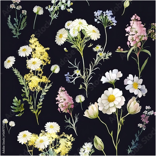 Watercolor Floral Pattern Delicate Flower Wallpaper Wildflowers Pinktansy Pansies White Flowers Queen Anne s Lace Retro Wallpaper on a Dark Background