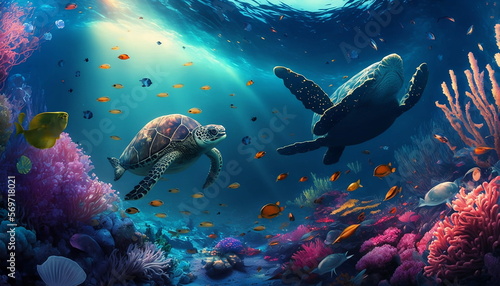 coral reef with turtles