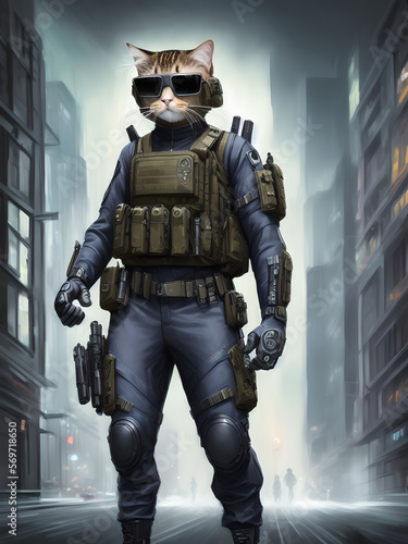 Cool single antropomorphic swat special ops cat with weapon. AI generated photo