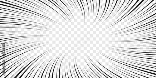 Vortex radial black lines on transparent background. Manga book page design. Comic attention, impact, surprise, splash, boom, explosion, power, motion, burst effect template