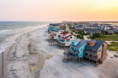 Aerial View of Beach Homes Looking Down the Coast on North Topsail Beach Island