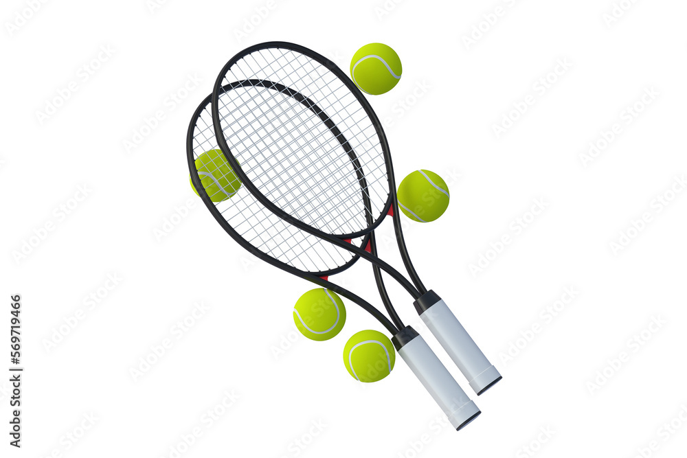 Tennis racquets and balls isolated on white background. 3d render