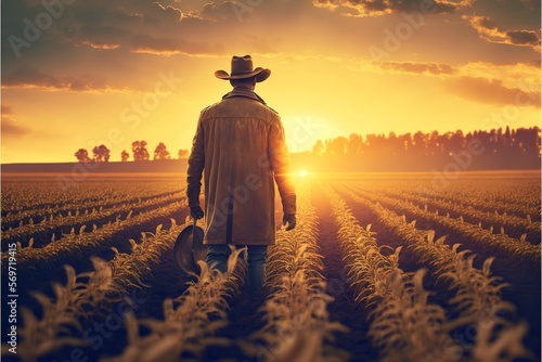 farmer standing in field of crops with sunset, concept of Harvest and Rural Life, created with Generative AI technology