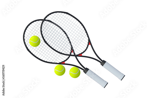 Modern tennis racquets and balls isolated on white background. Top view. 3d render © OlekStock
