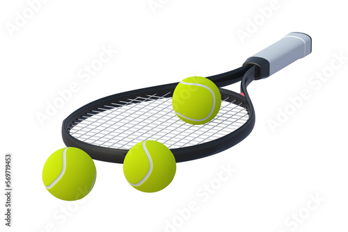 Tennis racquet and balls isolated on white background. Sports equipment. 3d render © OlekStock