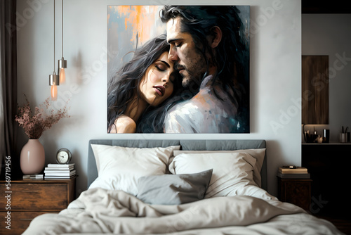 A beautiful artful painting hanging over a bed of a young couple embrassing in a sensual way, looks like oil painting, AI generated, beautiful bedroom, white sheets and stylistic, close up photo, sexy photo
