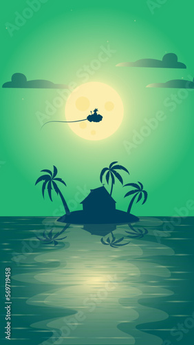 wallpaper  island  sea  waves  palm trees  anime  moon  vector  island illustration  sea illustration  anime illustration  island background  island at night  moon at night