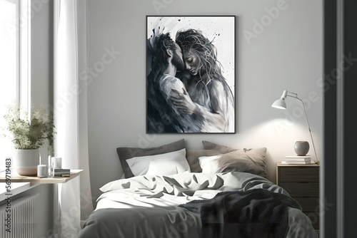 A beautiful artful painting hanging over a bed of a young couple embrassing in a sensual way, looks like oil painting, AI generated, beautiful bedroom, white sheets and stylistic, close up photo, sexy photo