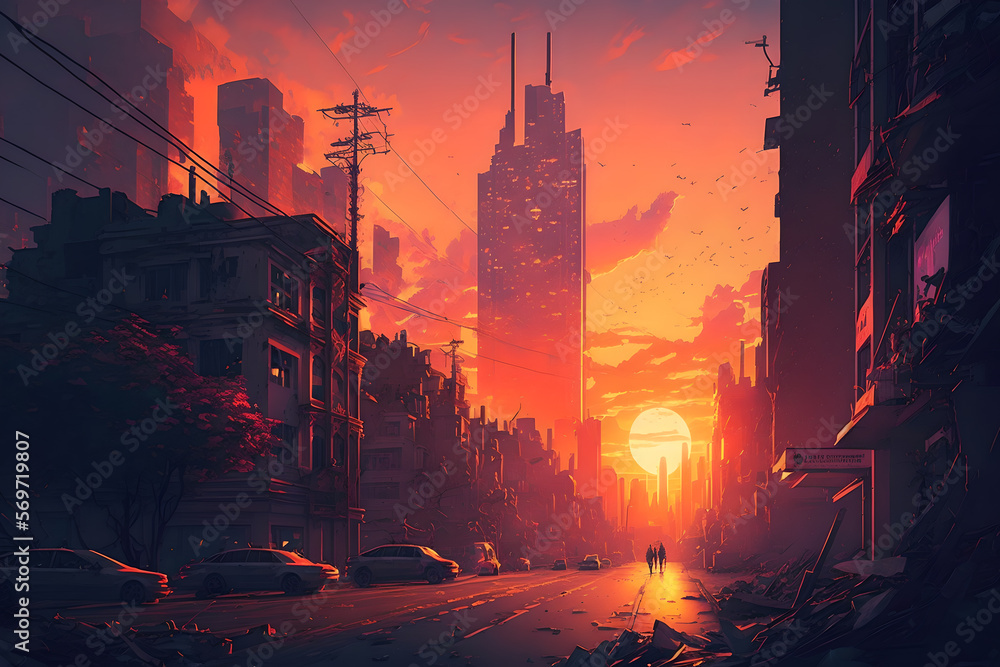 Warm Orange And Red Sunset On A Grim Gloomy But Futuristic City With