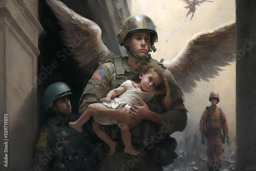 A hero angel soldier, rescues and saves a little child/kid/girl/boy from the rubble and the destruction of a building after a natural disaster, earthquake or war bombing, beautiful, hugs and reassures