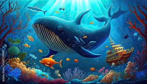 Underwater children's book illustration. Whale, fish, reef, and dolphins. Ocean under the sea with a shipwreck boat. Colorful marine landscape.