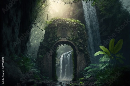 The secret garden hidden waterfall in the amazon, concept of Tropical Rainforest and Nature's Beauty, created with Generative AI technology © koldunova