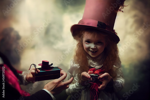 The hatter from alice in wonderland presents a gothic, unususal Alice with a pandora box of magic or a curious gift that can create all sorts of mischief photo