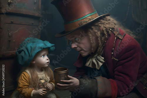 The hatter from alice in wonderland presents a gothic, unususal Alice with a pandora box of magic or a curious gift that can create all sorts of mischief photo